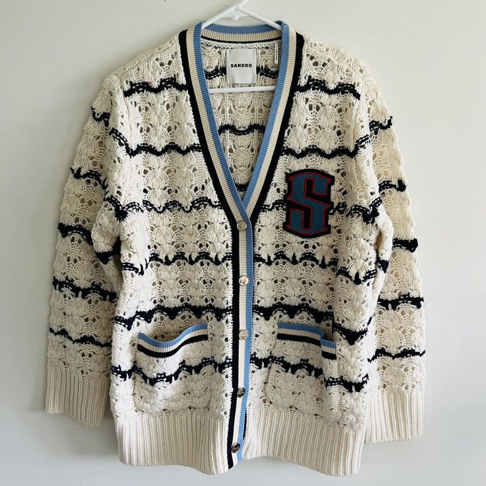 SANDRO Ecru / Bleu Coatigan With Patch - 1 (Small)
